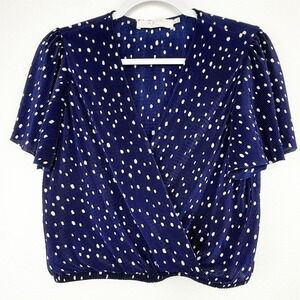 ASTR the Label Navy Polka Dot Pleated Surplice Flutter Sleeve Blouse Medium